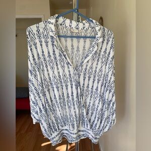 Anthropologie White and Navy Ikat-Style Button Front Blouse